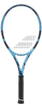 The Babolat Pure Drive 2025 Tennis Racket in blue and black features FSI Power technology for enhanced court performance.