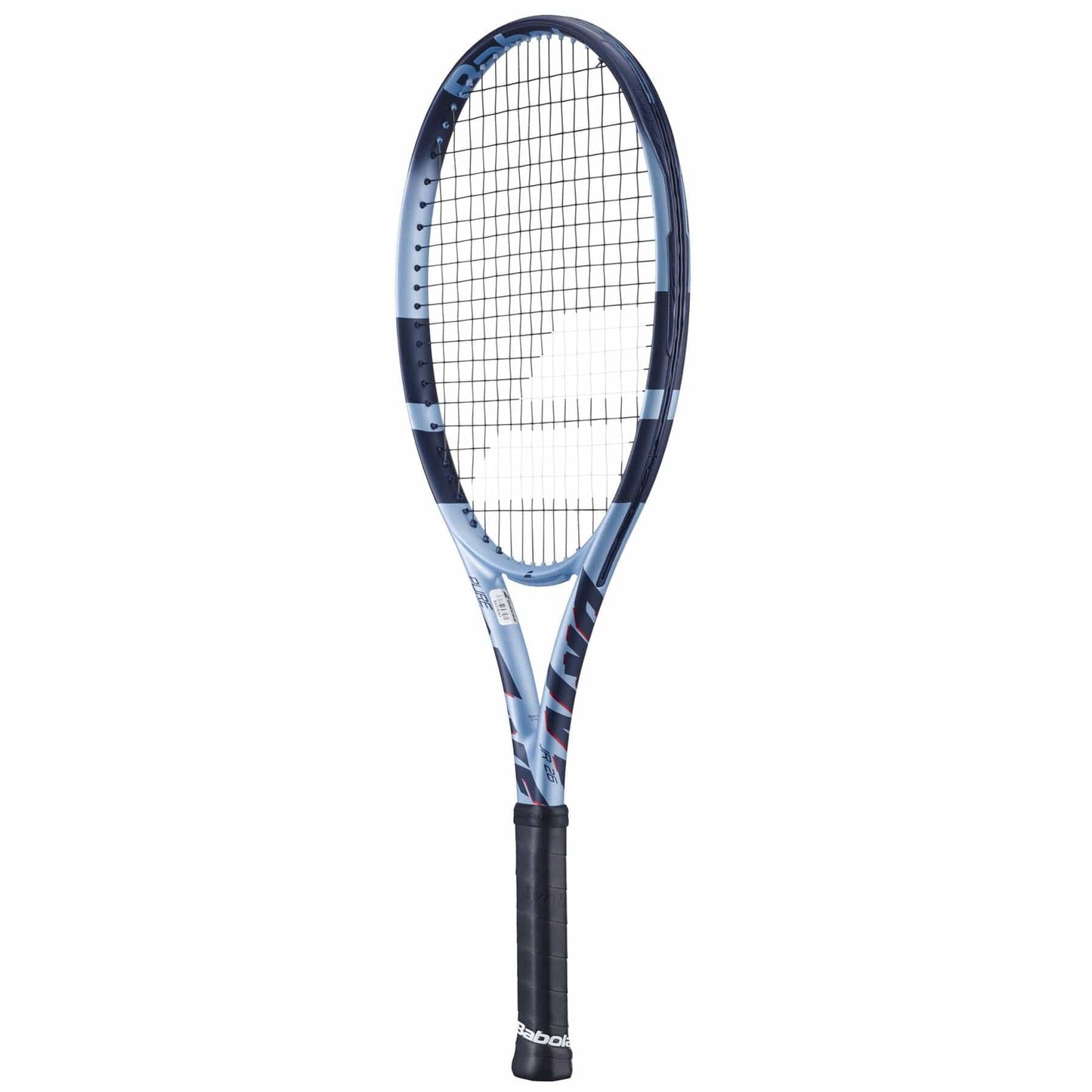 The Babolat Pure Drive Junior 26 Gen 11 Tennis Racket features a blue and white design with black strings and grip, shown vertically on a white background—ideal for kids or aspiring junior tennis players.