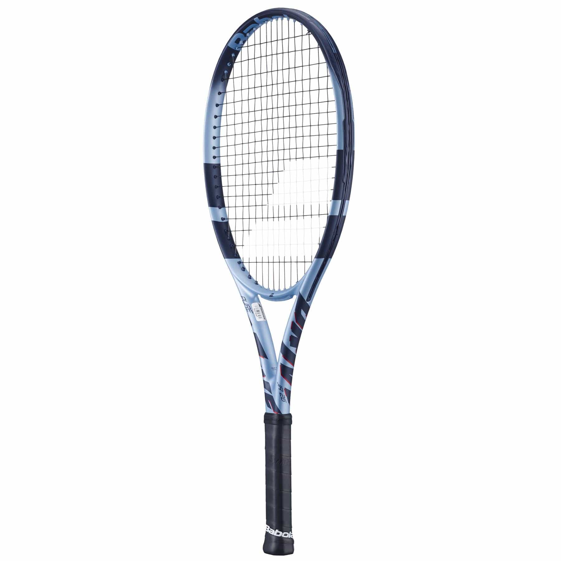 The Babolat Pure Drive Junior 26 Gen 11 Tennis Racket features a blue and white design with black strings and grip, shown vertically on a white background—ideal for kids or aspiring junior tennis players.