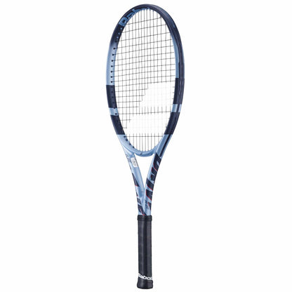 The Babolat Pure Drive Junior 26 Gen 11 Tennis Racket features a blue and white design with black strings and grip, shown vertically on a white background—ideal for kids or aspiring junior tennis players.
