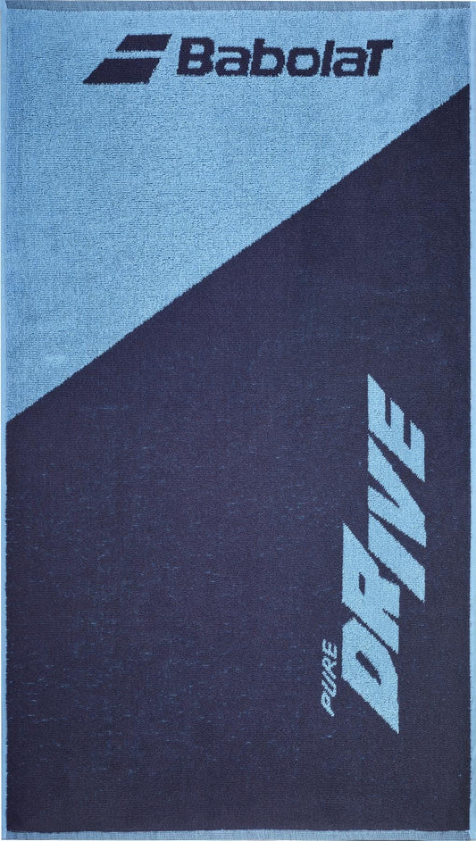 The Babolat Medium Towel in Drive Heritage Blue features the iconic logo at the top and "Pure Drive" diagonally on the lower section. Made from 100% cotton, it's ideal for style-conscious tennis fans seeking functionality on the court.