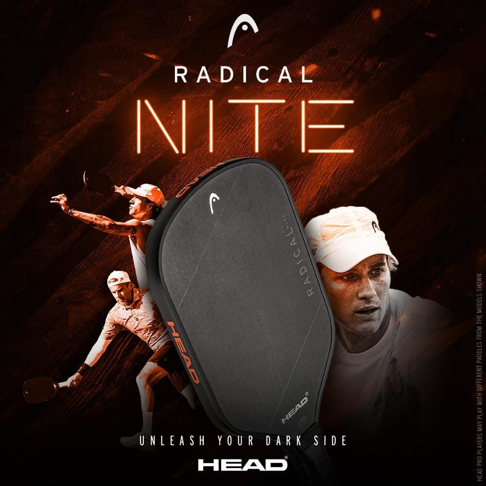 A HEAD Radical Nite Pickleball Paddle with SpinFusion technology is shown before two players in action. The bold text says "RADICAL NITE" and "Unleash your dark side," set against a dark background with orange highlights.