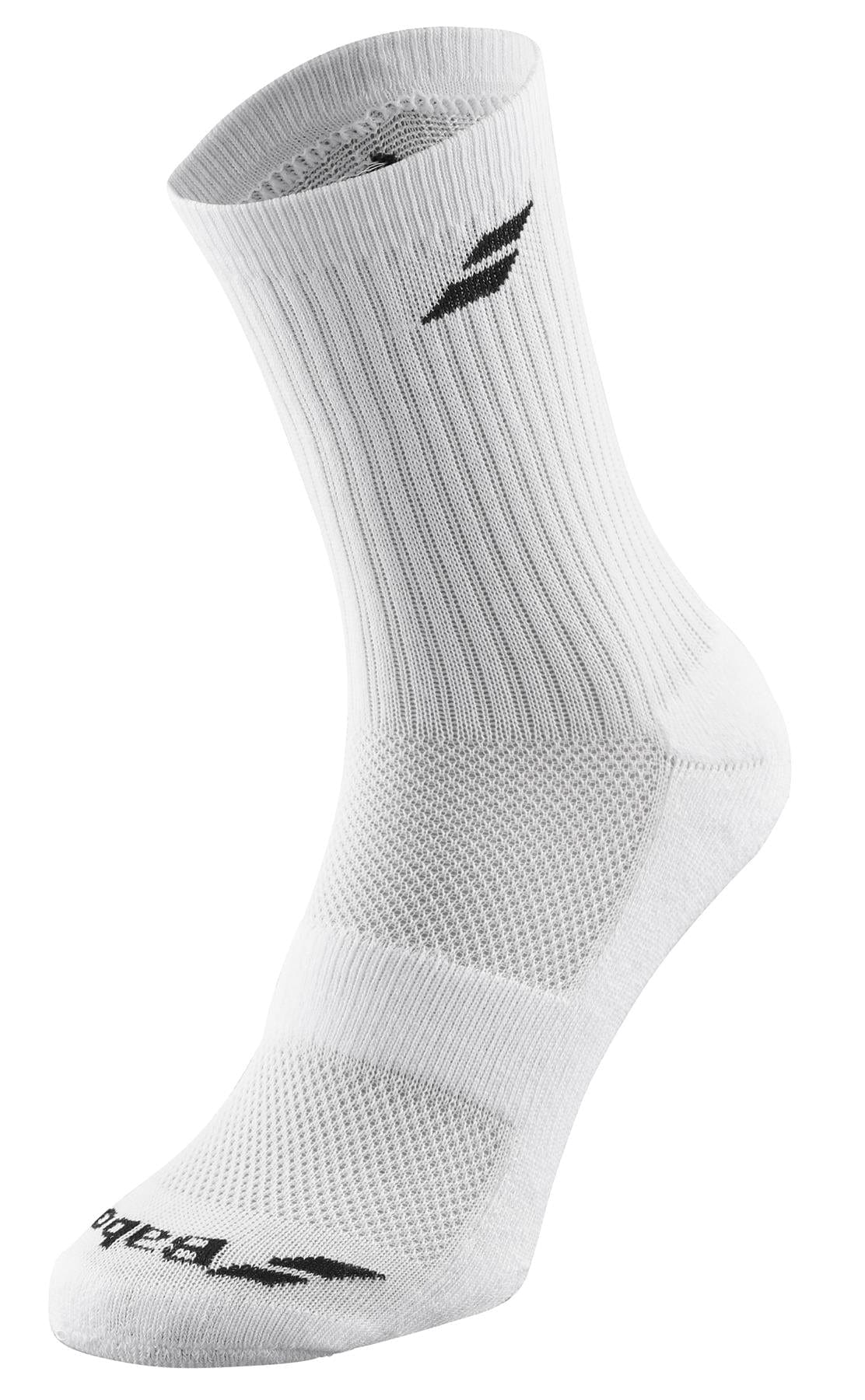 A single sock from the Babolat Long 3 Pack Tennis Socks in white, featuring a ribbed texture with black Babolat logos near the top and toes, displayed against a white background. The fabric appears breathable, offering comfort and support designed for peak performance.