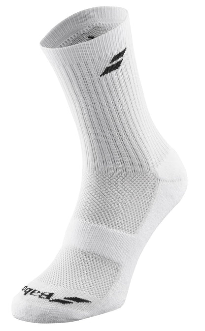 A single sock from the Babolat Long 3 Pack Tennis Socks in white, featuring a ribbed texture with black Babolat logos near the top and toes, displayed against a white background. The fabric appears breathable, offering comfort and support designed for peak performance.