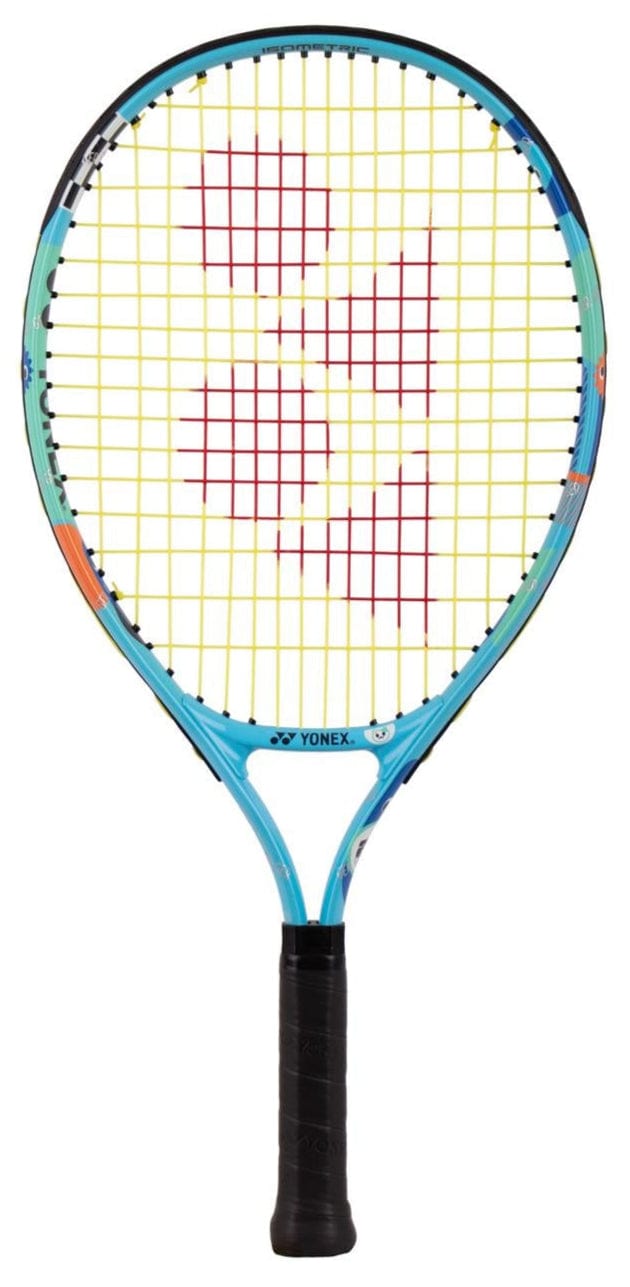The Yonex Junior 21 Ocean Blue Tennis Racket, designed for kids and beginners, features yellow strings and a red Yonex logo pattern, shown against a white background.