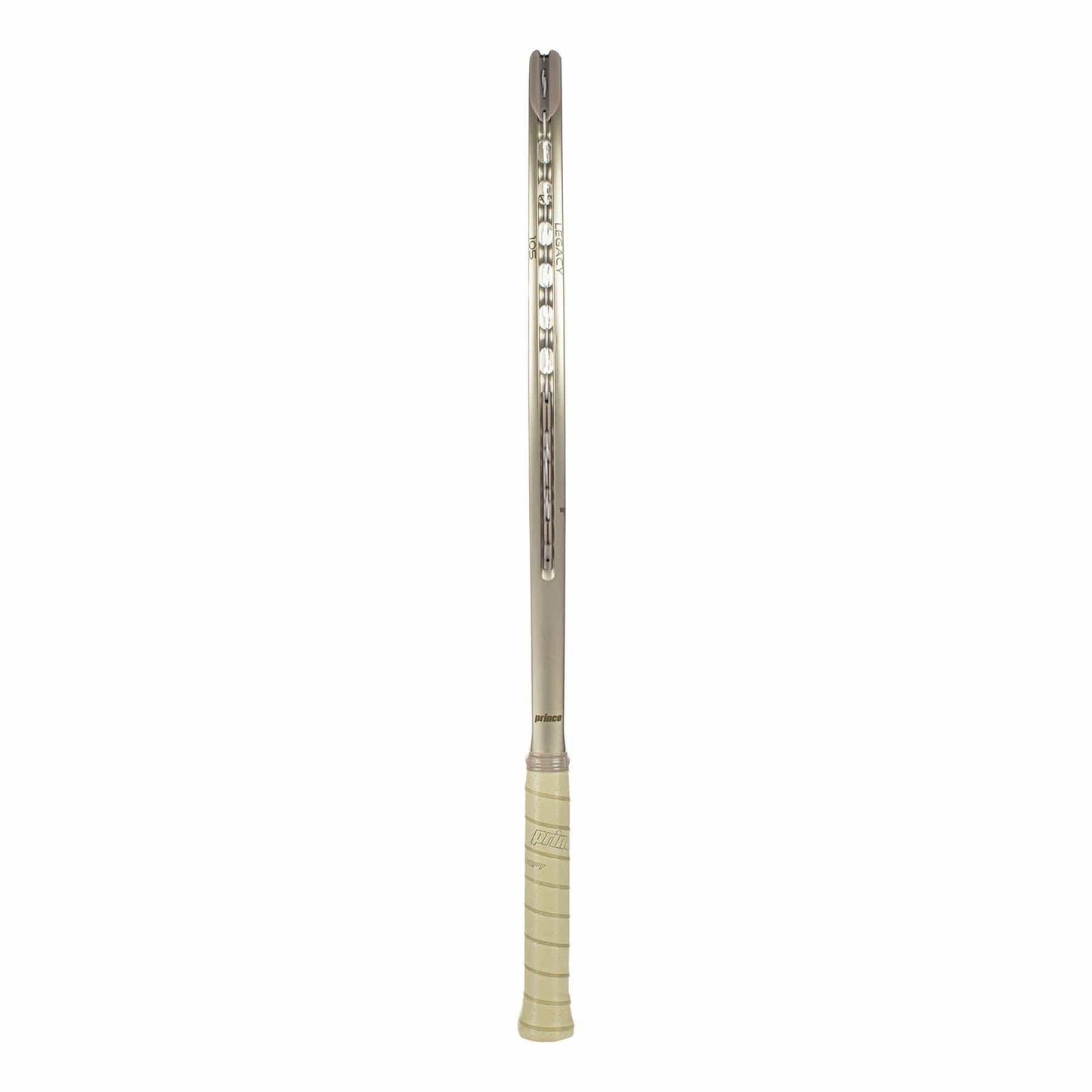 The Prince O3 Legacy 105 2025 Tennis Racket by Prince, shown upright against a white background, displays the same precision as advanced TeXtreme technology.