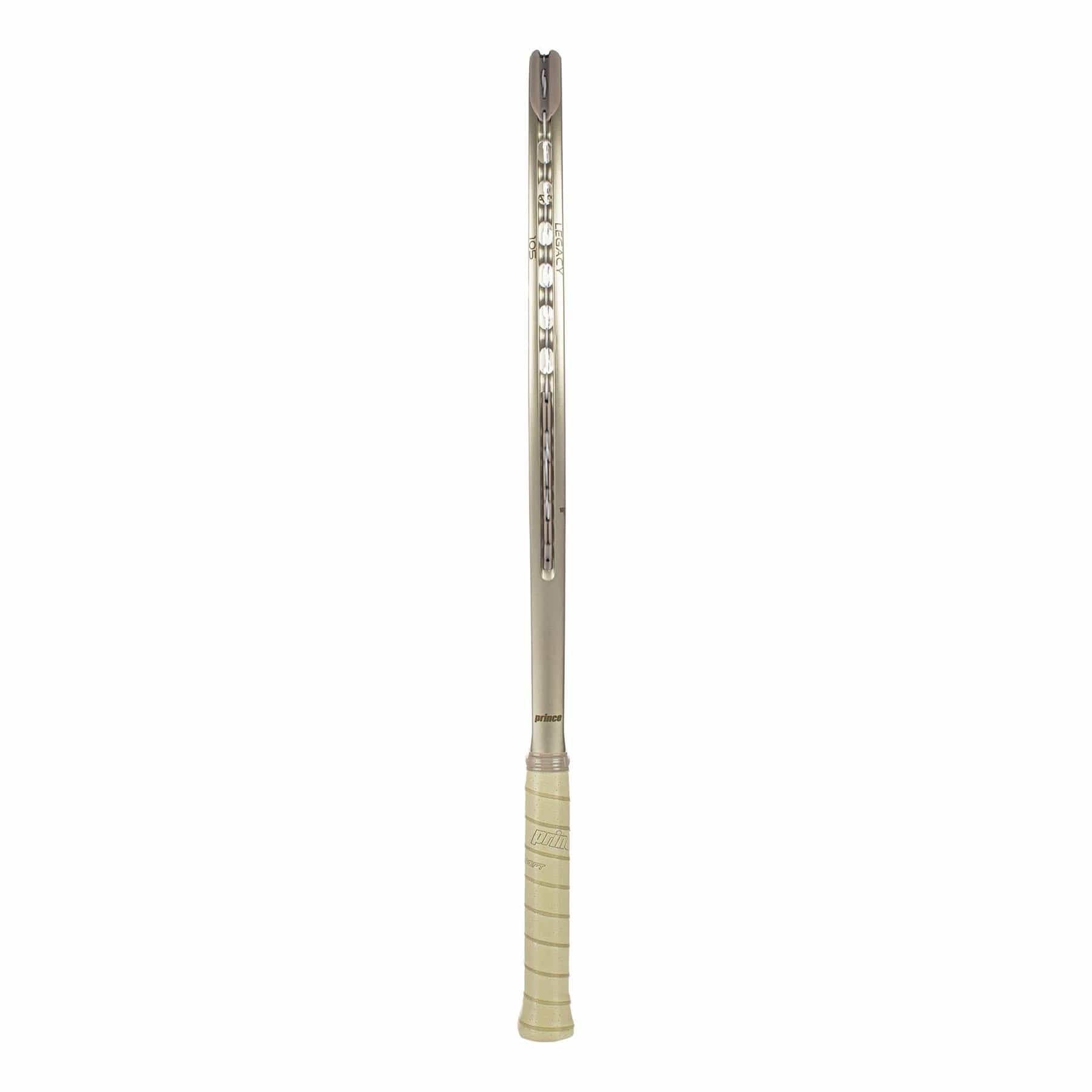 The Prince O3 Legacy 105 2025 Tennis Racket by Prince, shown upright against a white background, displays the same precision as advanced TeXtreme technology.