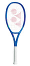 The Yonex EZONE 100 Blast Blue 2025 Tennis Racket features a blue frame with green and purple accents, a white grip, red strings with a geometric design, and vibration dampening technology for enhanced performance.