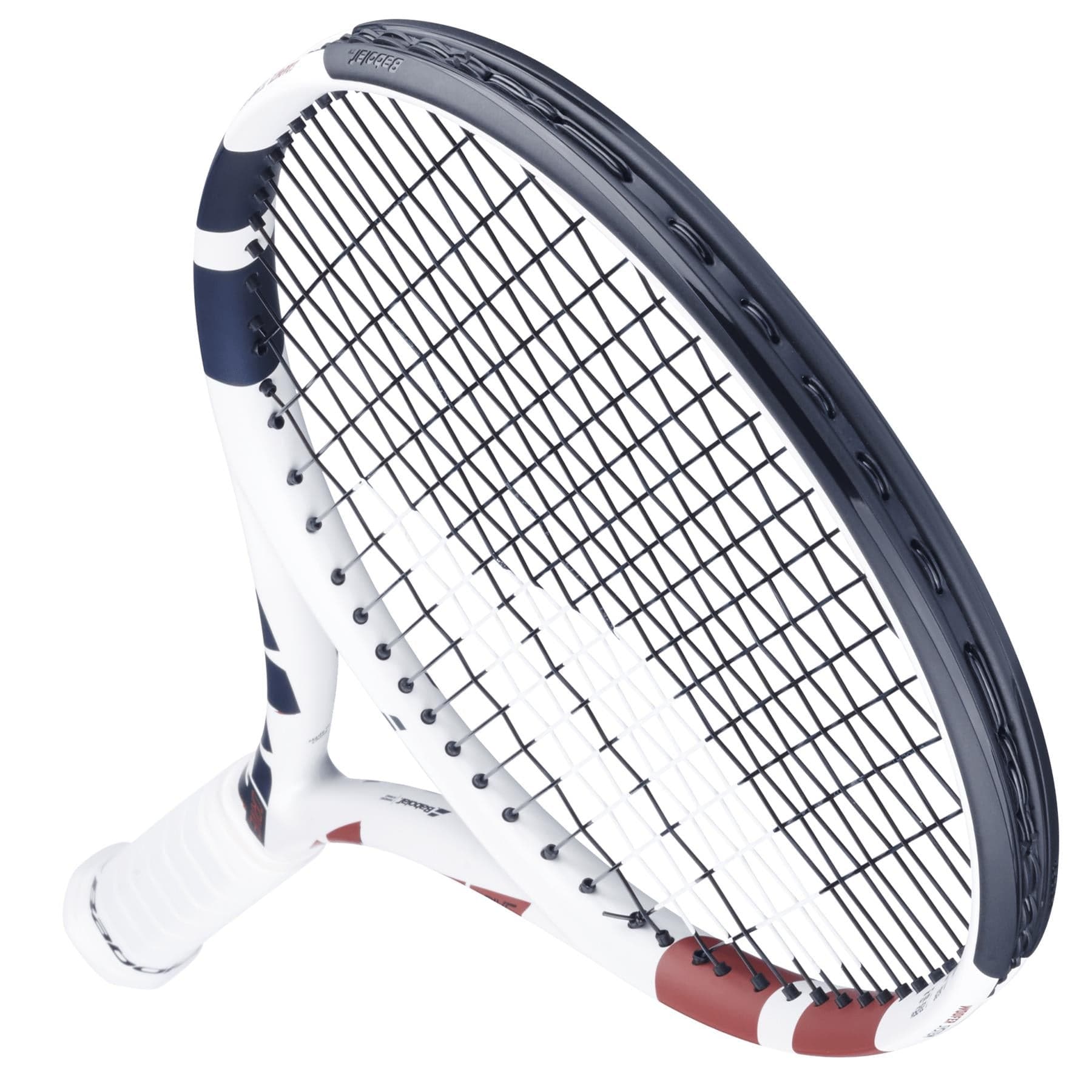 A close-up, angled view of the Babolat Boost Drive Tennis Racket by Babolat, featuring a lightweight graphite frame, white with blue and red accents, black strings, 680cm² head, and a white grip.
