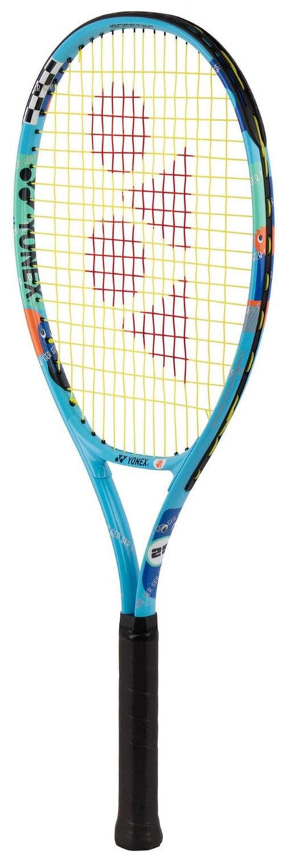 The Yonex Junior 25 Ocean Blue Tennis Racket features a black grip, yellow strings, and red design on the string bed, with colorful frame accents—perfect as a kids’ tennis racket.
