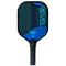 The Franklin Revel Pickleball Paddle - Blue by Franklin is USA Pickleball approved, features black trim, a black handle with blue-striped grip tape, and a geometric web design with "REVEL" on the face; ideal for beginners.