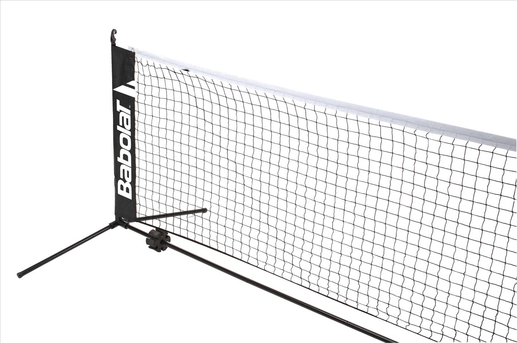 Ideal for children's tennis practice, the Babolat Mini Tennis Net boasts a sophisticated black and white design accented by the "Babolat" branding on its side. Its robust metal frame ensures durability and portability, making it perfect for use against a plain white backdrop or any location of your choice.
