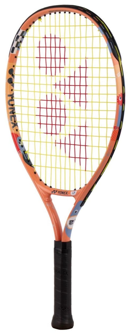 The Yonex Junior 21 Coral Orange Tennis Racket features a vibrant orange, blue, and black frame with yellow strings and a red center design. Its black grip handle makes it ideal for young players starting out.