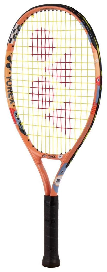 The Yonex Junior 21 Coral Orange Tennis Racket features a vibrant orange, blue, and black frame with yellow strings and a red center design. Its black grip handle makes it ideal for young players starting out.
