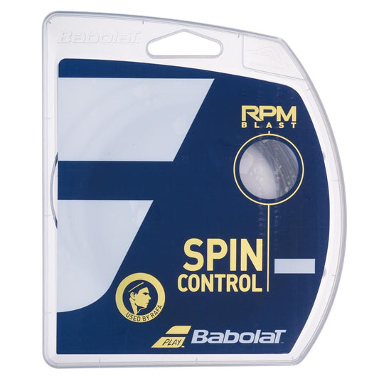 The packaging of the Babolat RPM Blast Tennis String (12m) - Black prominently features a transparent design accented with blue and white elements. It includes the Babolat logo and an icon, highlighting its "Maximum Control" capability and emphasizing heavy spin as preferred by professional players.