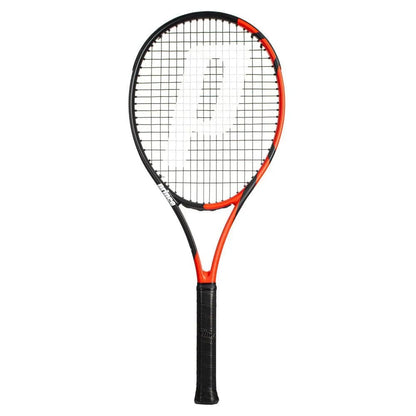 The Prince Beast Power 285g Tennis Racket by Prince features a black and orange frame, black strings with a white "P" logo, and a black grip. Made of durable graphite, it's ideal for beginners seeking reliable performance.