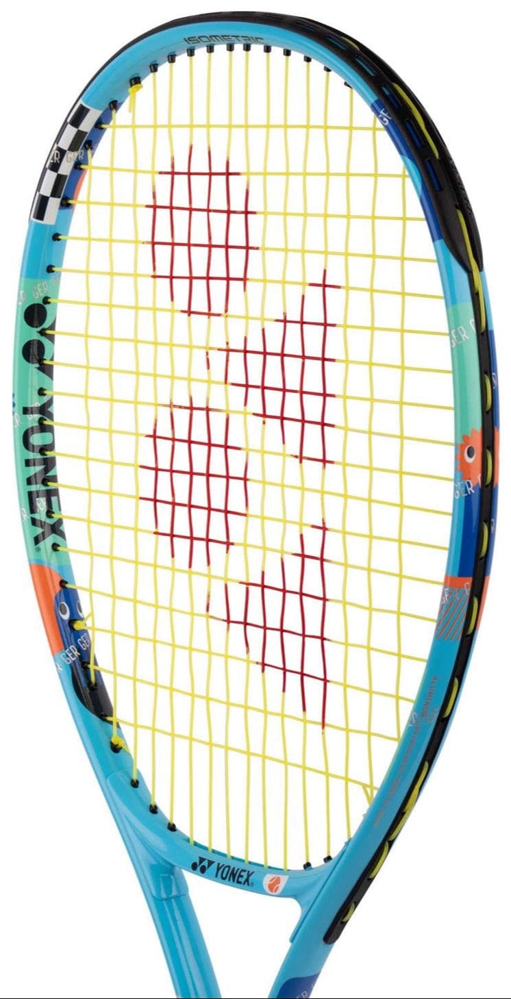 The Yonex Junior 25 Ocean Blue Tennis Racket features yellow strings with a red Yonex logo on the string bed, shown against a white background. Ideal as a kids' racket for young players starting out.