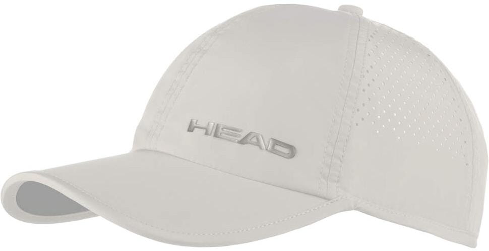 The HEAD Pro Player Tennis Cap in white features a curved brim, side ventilation holes, and "HEAD" embroidered on the front, making this lightweight cap from HEAD both stylish and functional for tennis play.