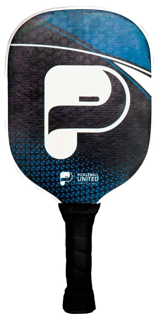 The Pickleball United Freedom Paddle features a black and blue fiberglass surface, a large white "P" logo, "Pickleball United" near the handle, and a handle wrapped in black grip tape.