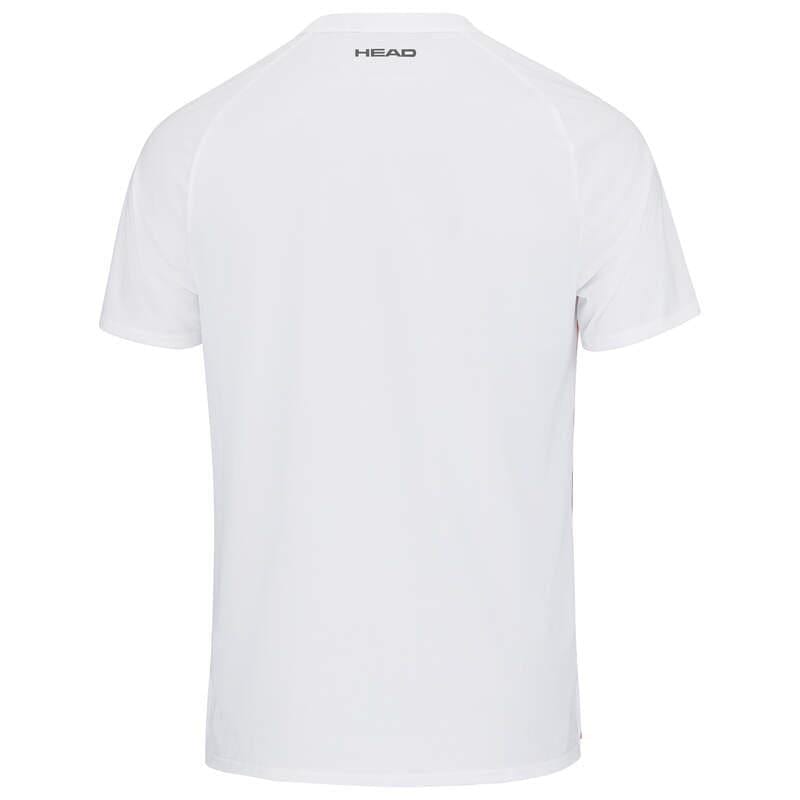 Back view of the HEAD Topspin Mens Tennis T-Shirt - FAXV, showcasing a minimalist design with short sleeves and a small black "HEAD" logo near the collar. This plain white tee is made from Moisture Transfer Microfiber and features a mesh back to improve breathability.