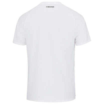Back view of the HEAD Topspin Mens Tennis T-Shirt - FAXV, showcasing a minimalist design with short sleeves and a small black "HEAD" logo near the collar. This plain white tee is made from Moisture Transfer Microfiber and features a mesh back to improve breathability.