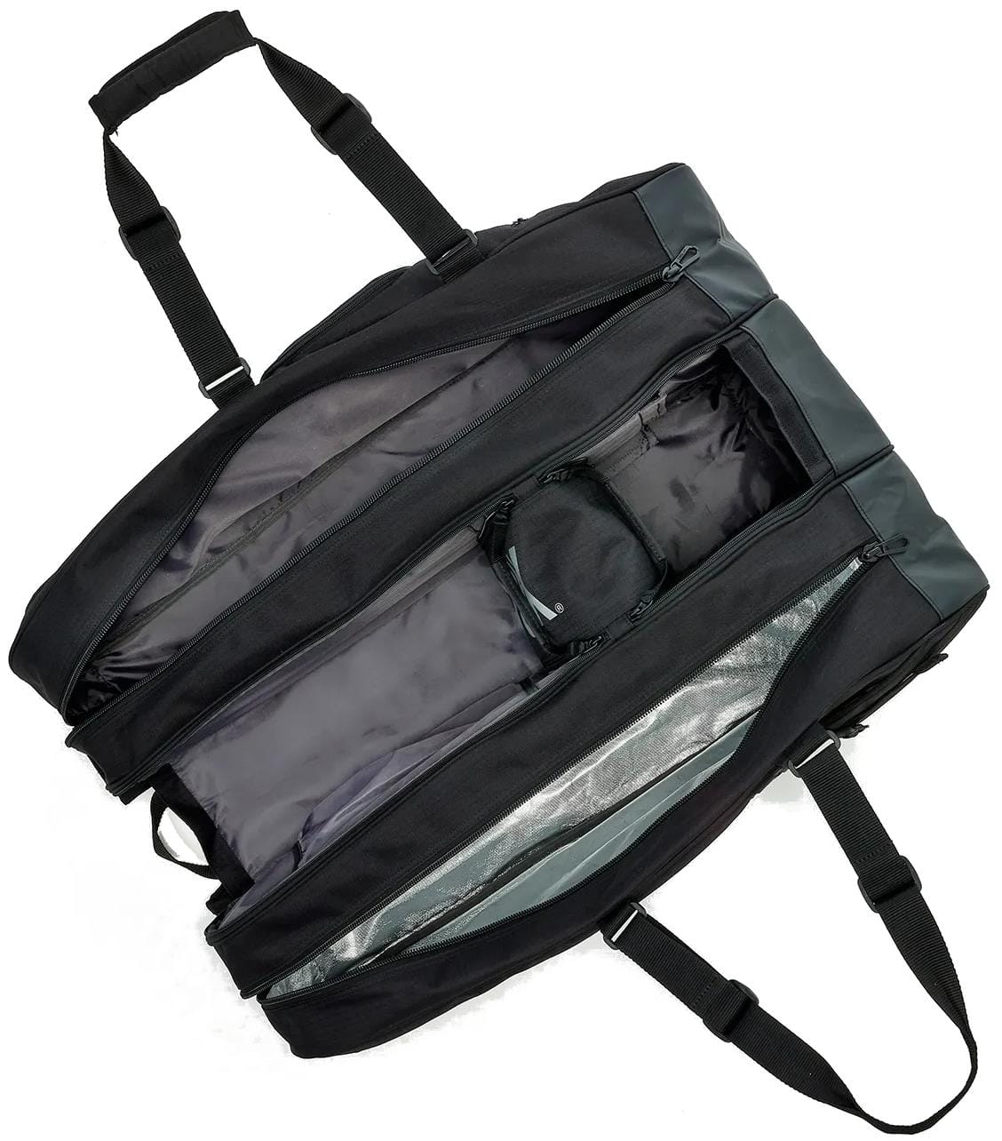 The Yonex BA726212EX Gearlogic 12 Racket Tennis Bag in black is open, showing a large main compartment with a smaller pouch. Two shoulder straps and two handles, part of the Gearlogic series, are visible on the sides.