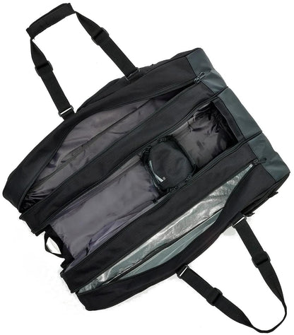 The Yonex BA726212EX Gearlogic 12 Racket Tennis Bag in black is open, showing a large main compartment with a smaller pouch. Two shoulder straps and two handles, part of the Gearlogic series, are visible on the sides.