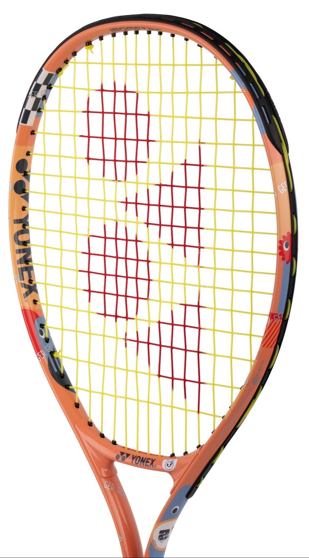 The Yonex Junior 21 Coral Orange Tennis Racket features a bright orange frame with yellow strings and a red Yonex logo, making it an ideal choice for young players beginning their tennis journey.