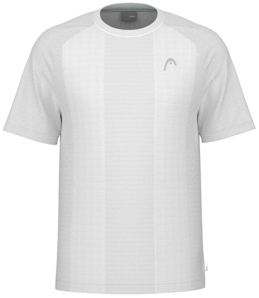 The HEAD Performance Men's Tennis T-Shirt - White features a subtle textured design with a small logo on the left chest, moisture-transfer microfiber technology, and a crew neck. Ideal for sports or casual wear.