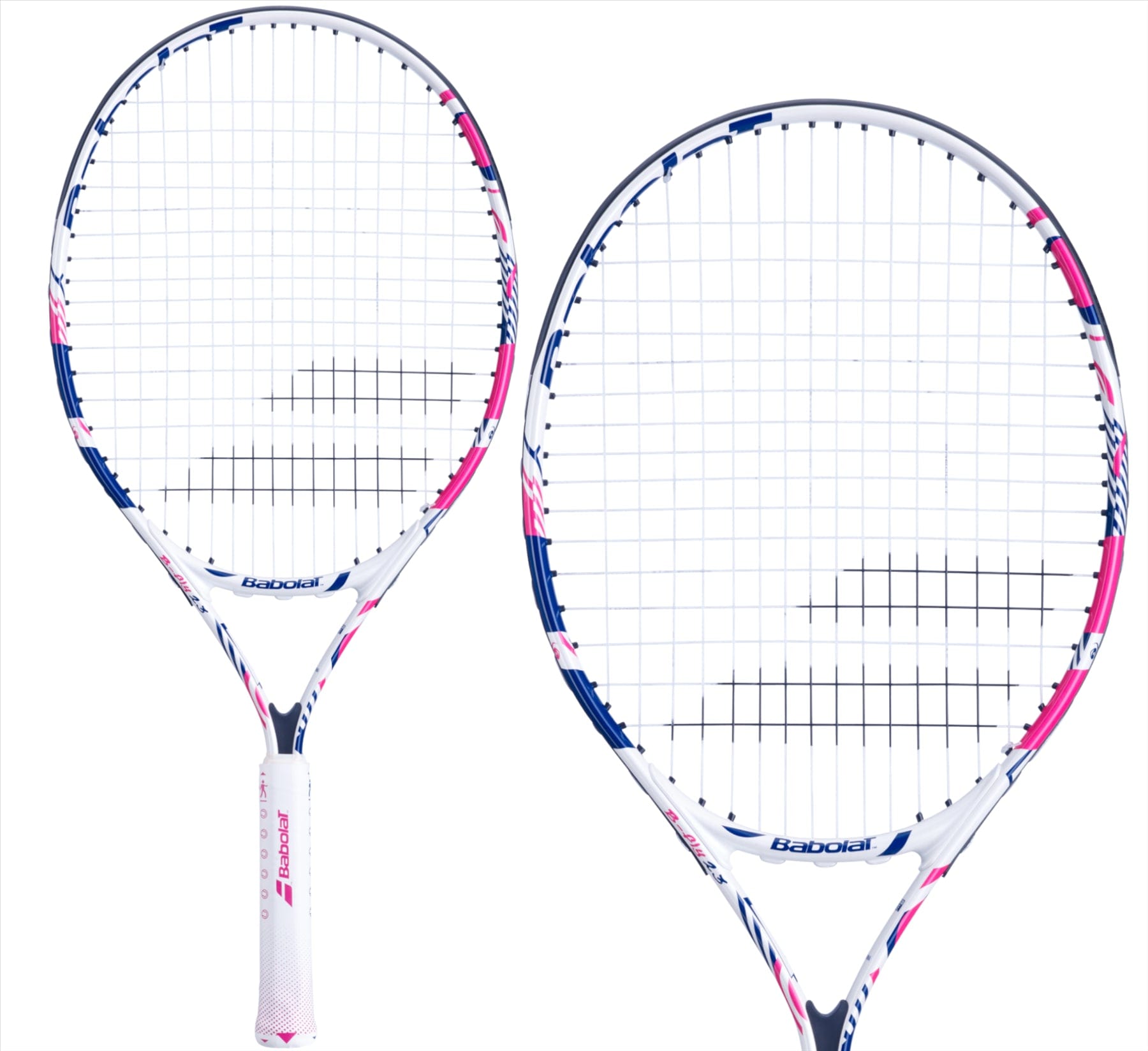 Two Babolat B-Fly 23 Junior Tennis Rackets showcase a white frame with pink accents, ideal for beginner players. Positioned side by side against a plain white background, the strings and grips are clearly visible, with one racket slightly ahead of the other.
