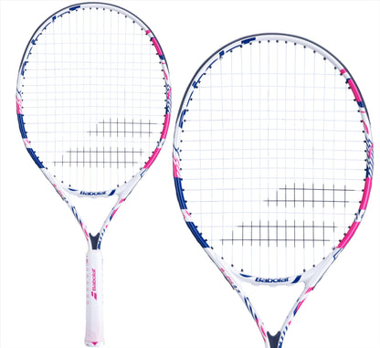 Two Babolat B-Fly 23 Junior Tennis Rackets showcase a white frame with pink accents, ideal for beginner players. Positioned side by side against a plain white background, the strings and grips are clearly visible, with one racket slightly ahead of the other.