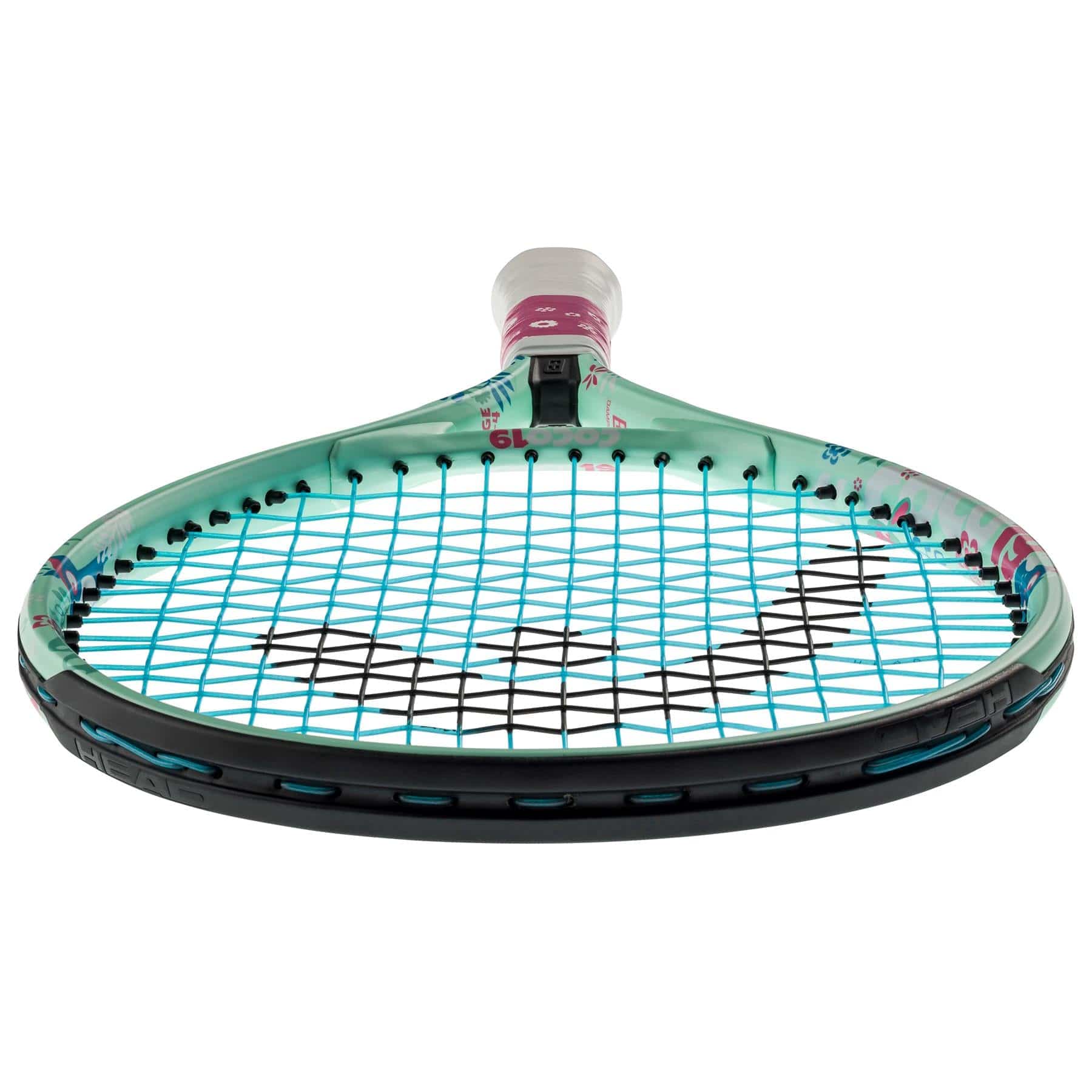 A detailed look at the HEAD Coco 19 Junior Tennis Racket - Mint, featuring a turquoise frame with black strings, set against a white background. The grip, wrapped in white tape and taking inspiration from Coco Gauff's style, boasts colorful design elements and includes a Damp+ insert to enhance performance.