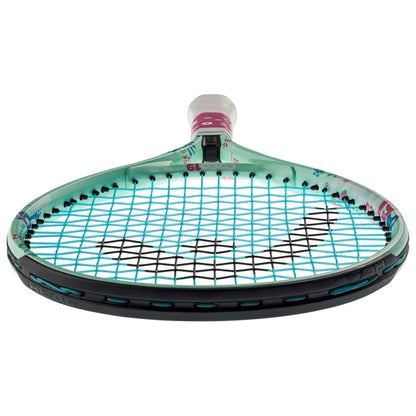 A detailed look at the HEAD Coco 19 Junior Tennis Racket - Mint, featuring a turquoise frame with black strings, set against a white background. The grip, wrapped in white tape and taking inspiration from Coco Gauff's style, boasts colorful design elements and includes a Damp+ insert to enhance performance.