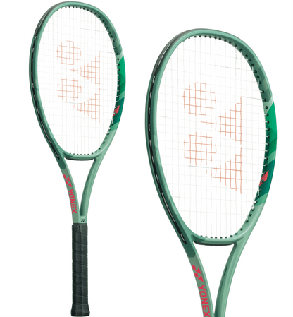 Two Yonex Percept 97D tennis rackets in olive green frames with black grips, ideal for advanced players. The strings form a geometric pattern in orange, and the brand name is printed in red on the frame. These control-focused rackets are shown at various angles.