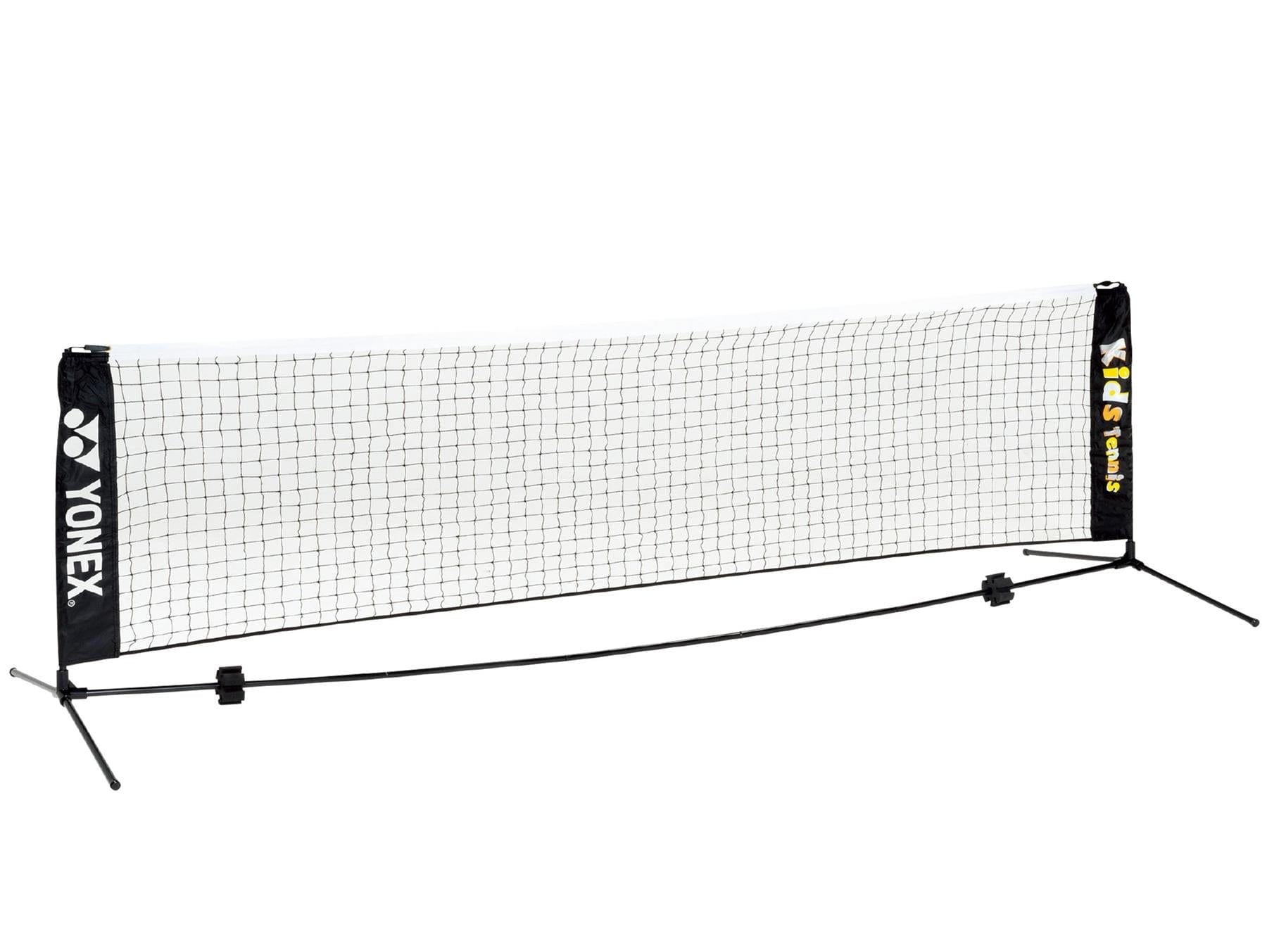 The Yonex AC344EX Kids Portable Tennis Net is a 3-meter long net designed for easy transport and setup. It features black posts and a white mesh on a sturdy black metal frame, with text reading "Kids Tennis" alongside the Yonex logo, making it perfect for young players.