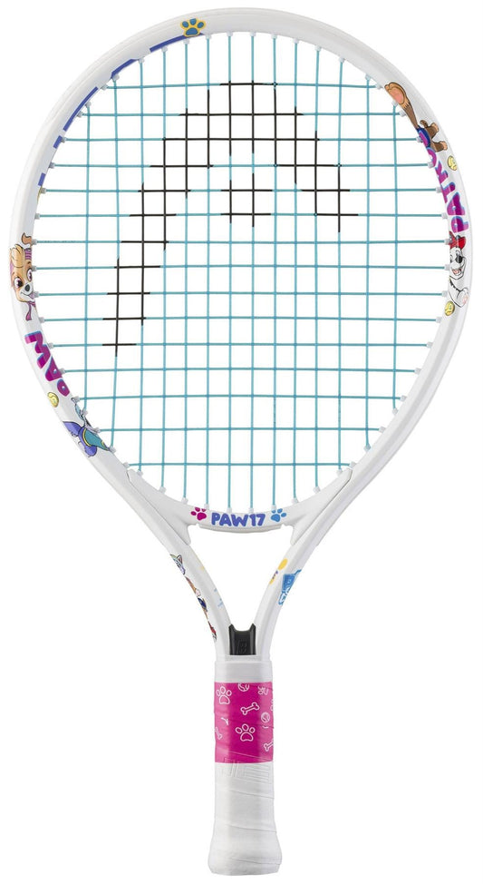 The HEAD x Paw Patrol 17 Junior White Tennis Racket features playful blue and purple accents, colorful Paw Patrol characters and paw prints, plus a pink grip with white tape—perfect for young players.