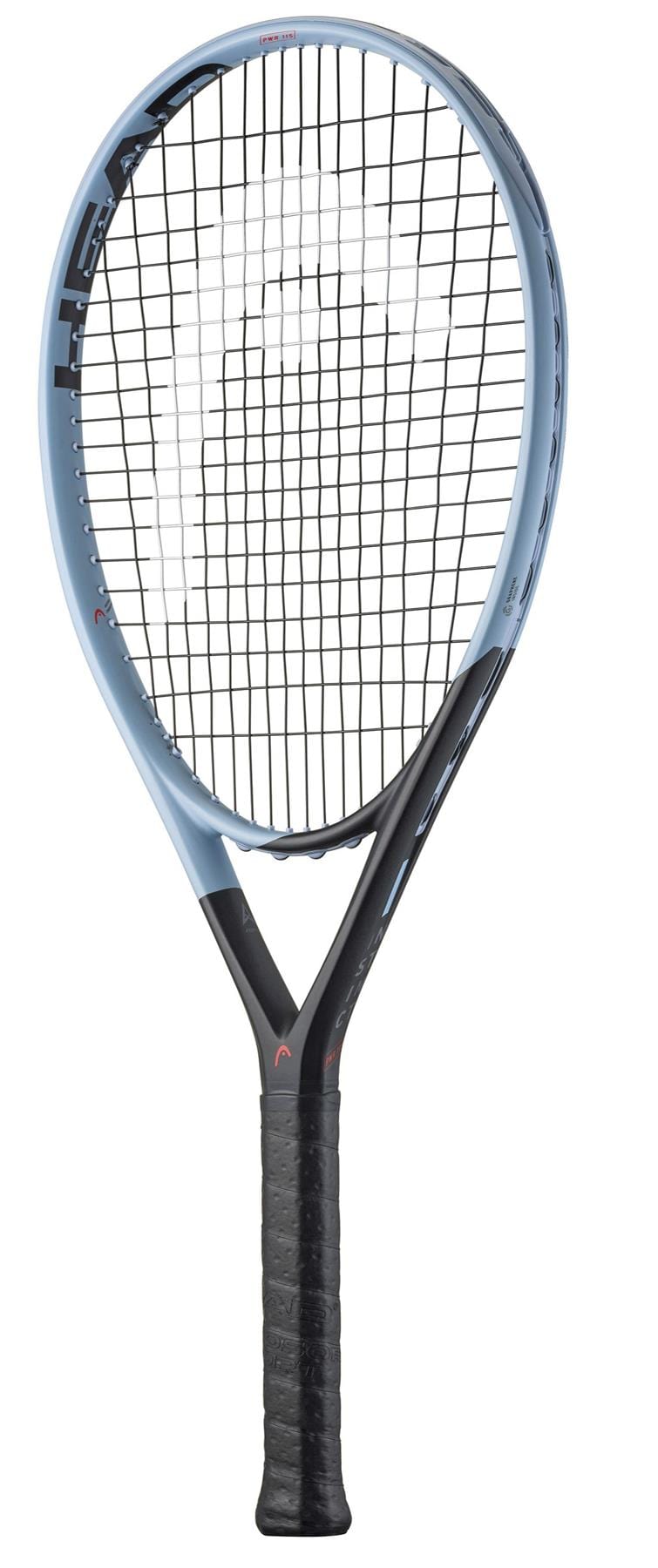 The HEAD Instinct PWR 2025 Tennis Racket features a light blue frame, black throat and grip, white strings, and "HEAD" branding on the top edge—perfect for intermediate club players seeking a modern, lightweight racket.