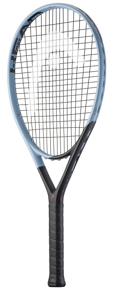 The HEAD Instinct PWR 2025 Tennis Racket features a light blue frame, black throat and grip, white strings, and "HEAD" branding on the top edge—perfect for intermediate club players seeking a modern, lightweight racket.