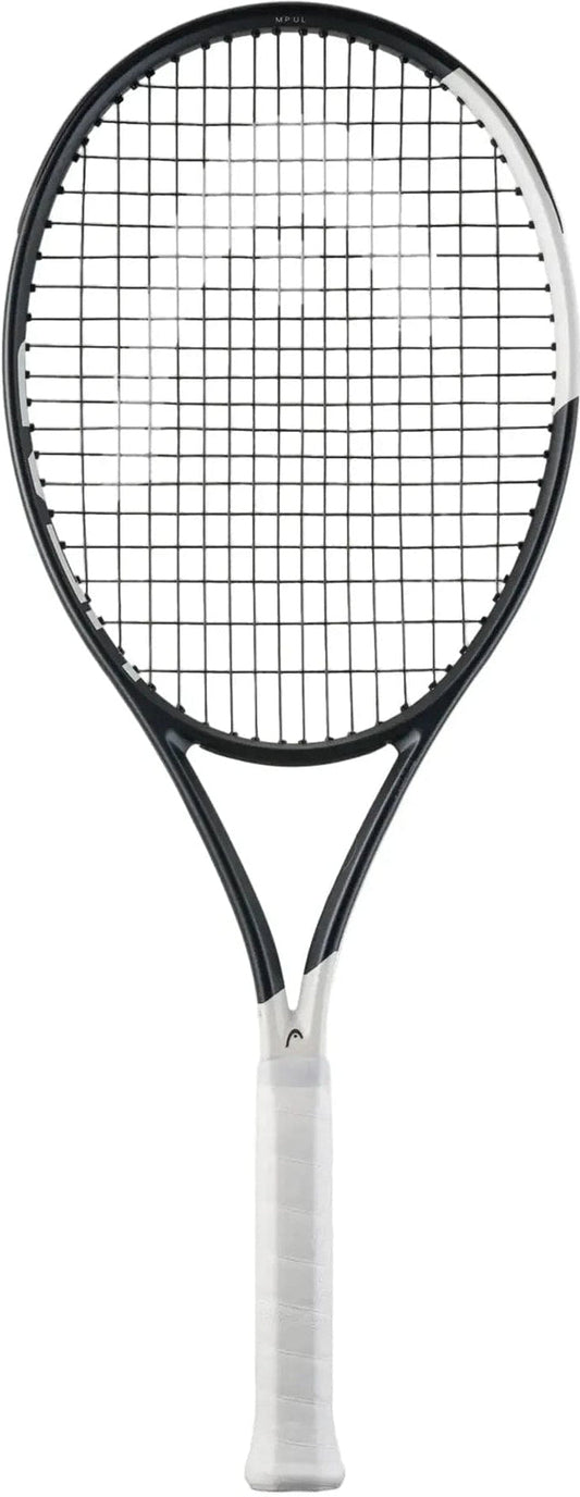 The HEAD Speed MP UL 2026 Tennis Racket by HEAD, in black and white with a white grip and Hy-Bor technology, is shown vertically against a plain white background.