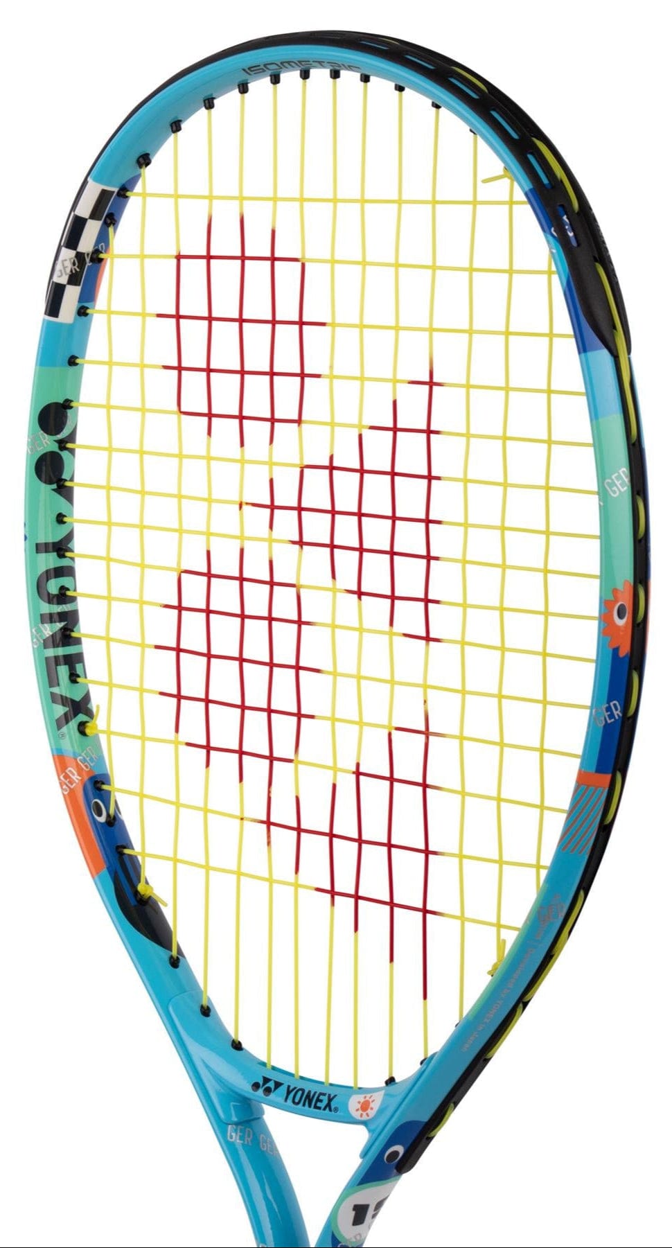 The Yonex Junior 19 Ocean Blue Tennis Racket features a vibrant design with yellow strings and a red Yonex logo, making it an ideal beginner or kids tennis racket.