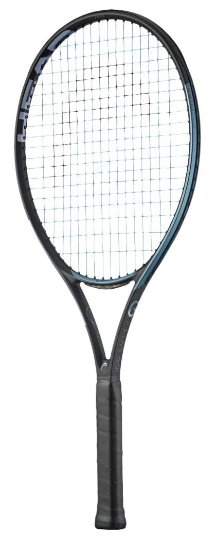 The HEAD IG Gravity Junior 26 2025 Tennis Racket, a lightweight black and blue graphite racket for kids, features tightly strung strings and a black grip. It's displayed upright against a white background.