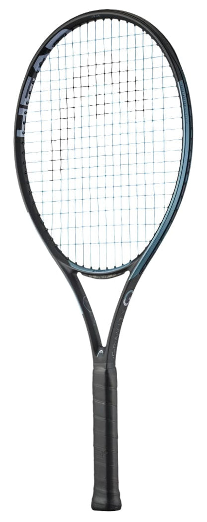 The HEAD IG Gravity Junior 26 2025 Tennis Racket, a lightweight black and blue graphite racket for kids, features tightly strung strings and a black grip. It's displayed upright against a white background.