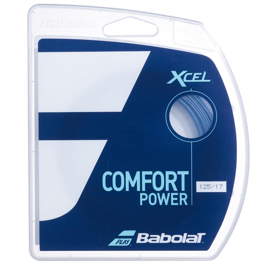 The packaging of the Babolat XCEL Tennis String (12m) - Blue features a stylish blue and white design that accentuates its multifilament strings, providing exceptional comfort. The text prominently highlights the gauge size 125/17, underscoring its premium quality for dedicated players.
