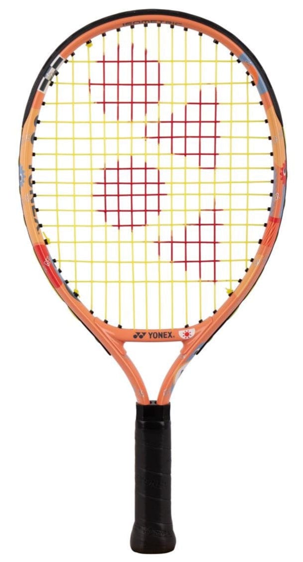 The Yonex Junior 17 Coral Orange Tennis Racket features a vibrant coral orange frame, yellow strings with a red Yonex logo, and a black grip—ideal as a beginner racket for young players.