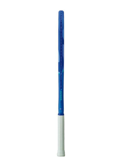 The Yonex EZONE Alpha 2025 Tennis Racket in Blast Blue, featuring an ISOMETRIC design and a white grip, stands upright against the plain white background.