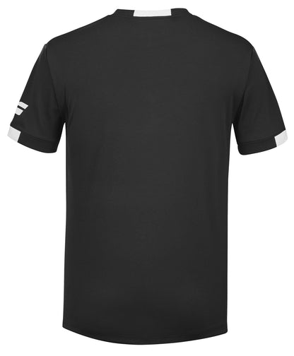 Back view of a Babolat Play Mens Crew Neck Tennis T-Shirt in black, showcasing its short-sleeved design. The shirt features a back neck white stripe and sharp white sleeve cuffs, crafted from Fiber Dry material to enhance comfort during play.