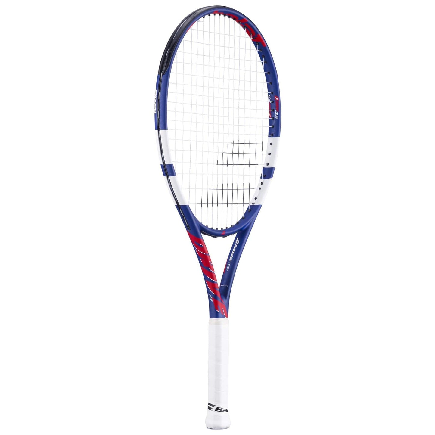 A blue, white, and red Babolat Drive Junior 25 Tennis Racket with a white grip and Babolat logo on the strings and frame stands upright against a plain white background.