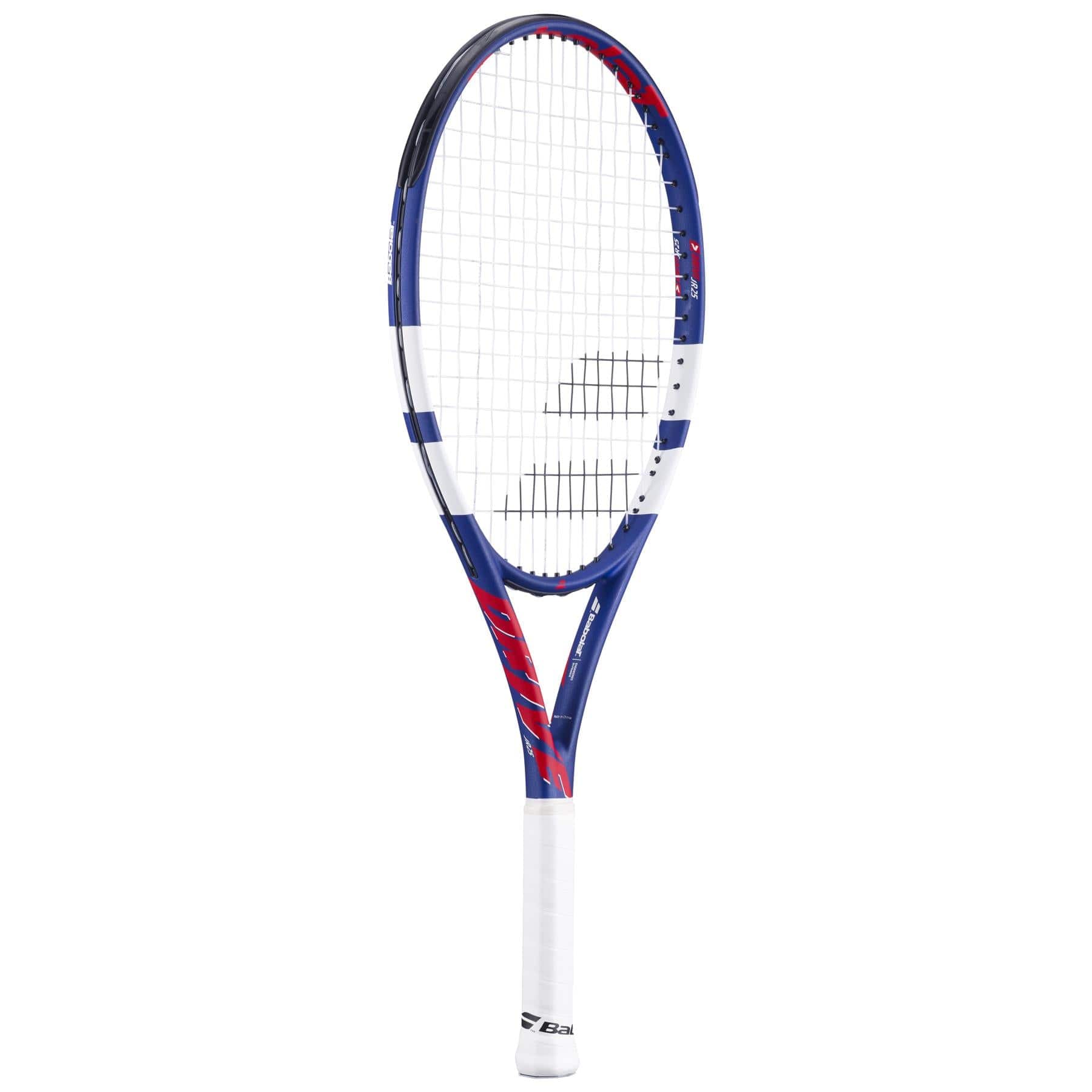 A blue, white, and red Babolat Drive Junior 25 Tennis Racket with a white grip and Babolat logo on the strings and frame stands upright against a plain white background.