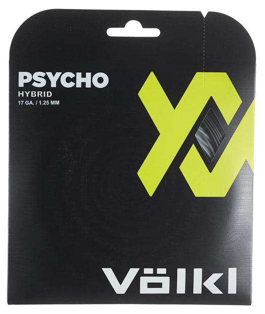 The packaging for the Volkl Psycho Hybrid Tennis String Set in black and silver (12m), which includes Cyclone string, is marked 17 GA / 1.25 MM and features a prominent yellow logo on the front.