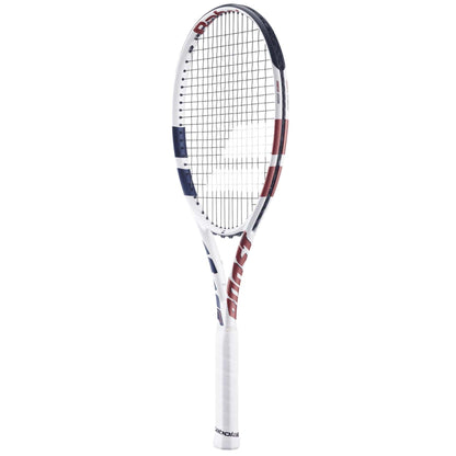The Babolat Boost Drive Tennis Racket stands upright on a white background, featuring red and blue accents, black strings, a white grip, lightweight graphite frame, and a forgiving 680cm² head.